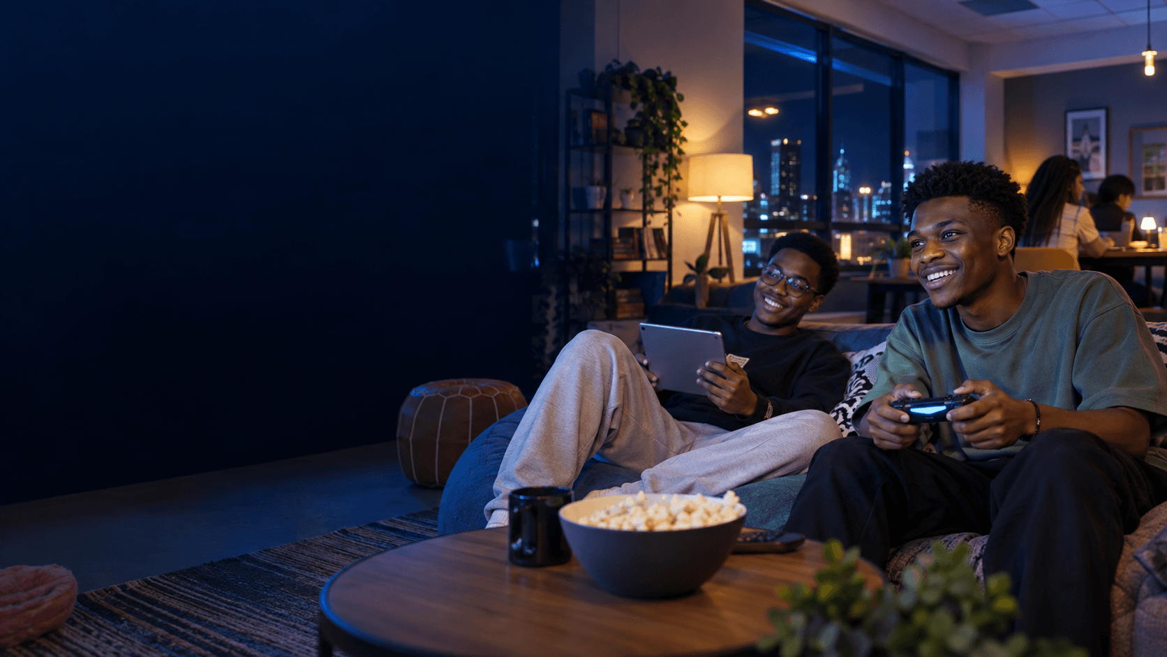 Friends enjoying a game night in a student residence