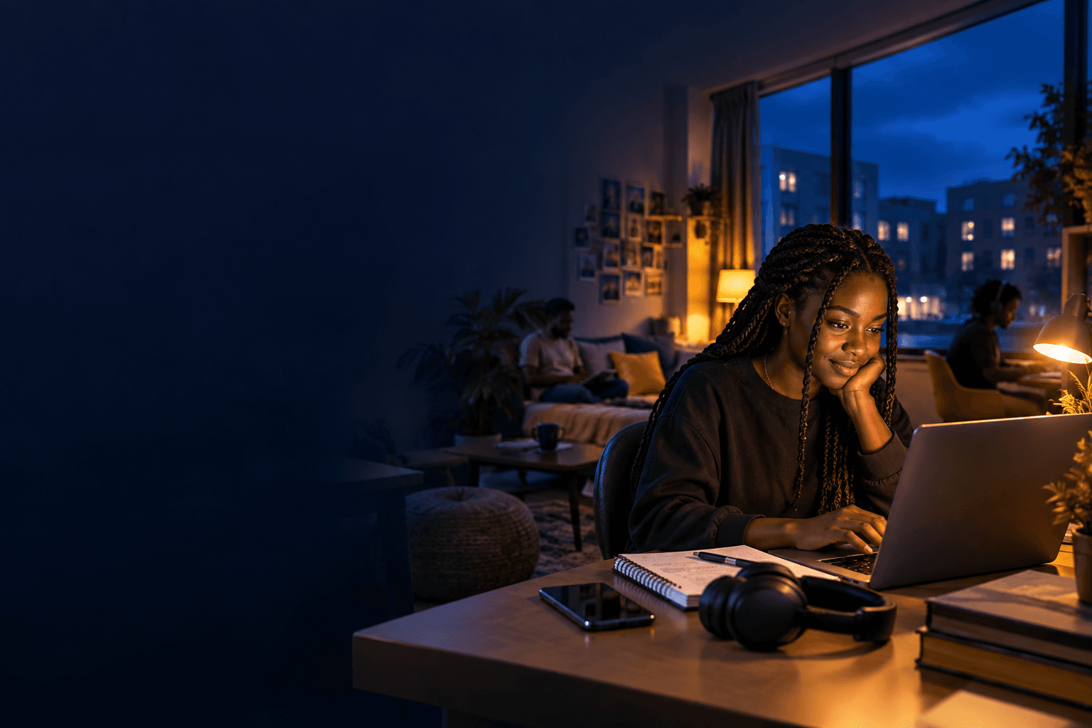 Student studying with a laptop in a hostel lounge